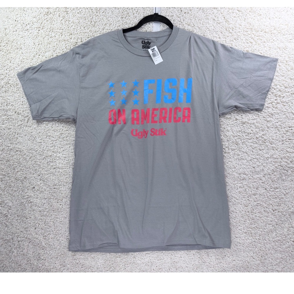 Ugly Stik T-Shirt Mens Large Grey New Fish On America Patriotic Graphic Tee